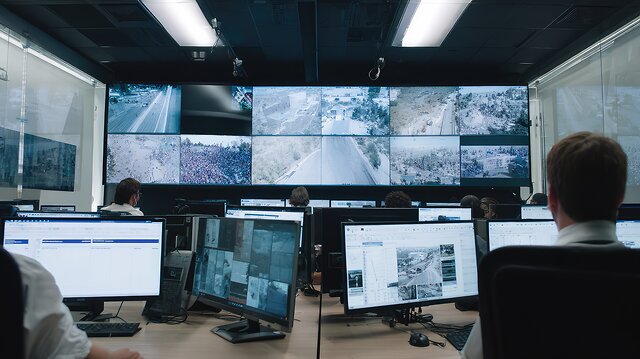 Security team monitors multiple cctv feeds and analytics dashboards on a large video wall and workstations in a modern control room, managing surveillance and cybersecurity operations