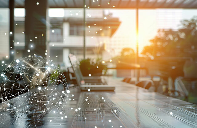 Global network connection concept. Modern office with laptops and sunlight.